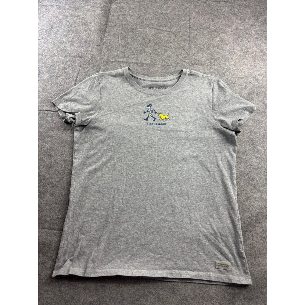 Life Is Good Womens Heather Gray Dog Walker Graphic T-Shirt Size L